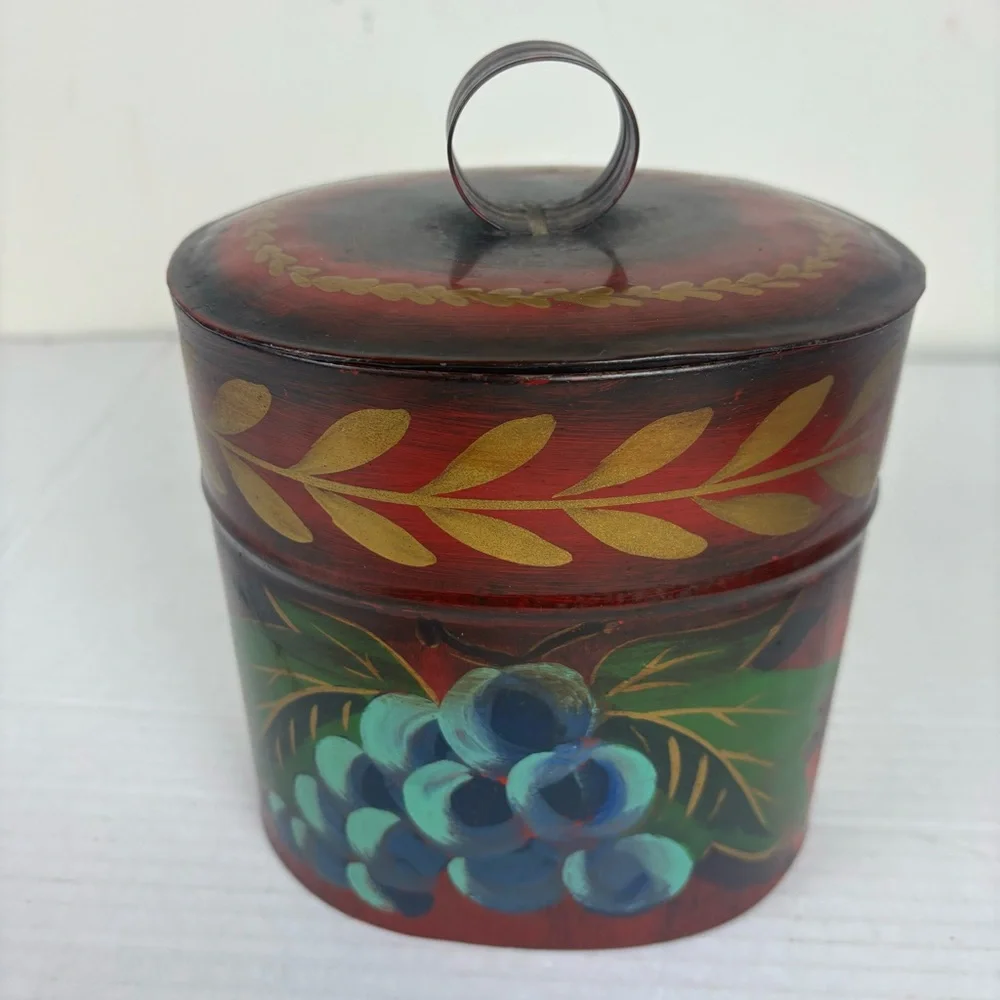 Vintage toile hand-painted tin oval box-signed-grape design